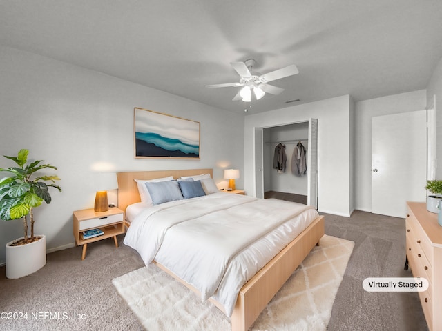 bedroom with a closet, ceiling fan, and light colored carpet