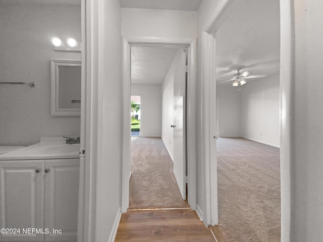 corridor featuring a sink, carpet flooring, and wood finished floors