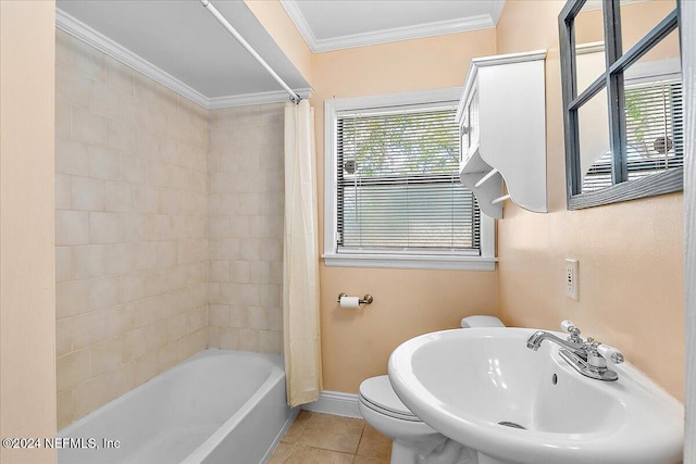 full bathroom featuring toilet, tile patterned flooring, shower / bath combination with curtain, sink, and crown molding