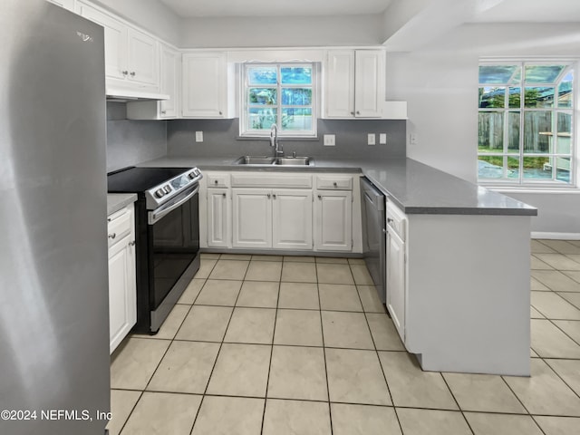 kitchen featuring kitchen peninsula, backsplash, sink, white cabinets, and appliances with stainless steel finishes