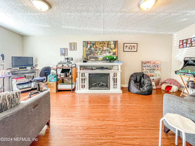 living room featuring hardwood / wood-style floors and a textured ceiling