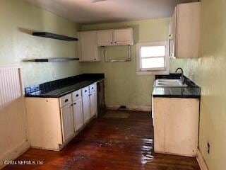 kitchen with white cabinets, sink, and dark hardwood / wood-style flooring