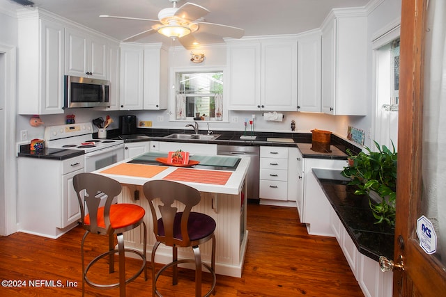 kitchen with white cabinetry, appliances with stainless steel finishes, dark hardwood / wood-style flooring, sink, and a center island