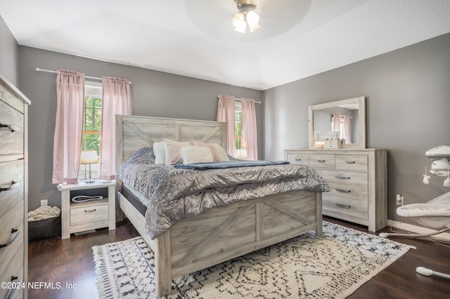 bedroom featuring ceiling fan, multiple windows, and dark hardwood / wood-style floors