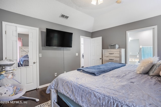 bedroom featuring a textured ceiling, ensuite bathroom, dark wood-type flooring, and vaulted ceiling