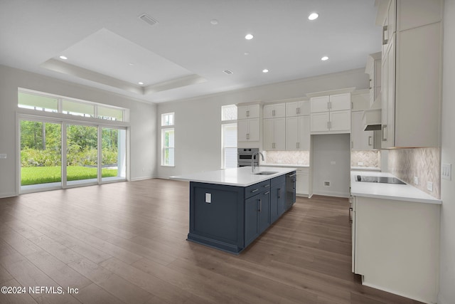 kitchen with sink, light wood-type flooring, white cabinetry, blue cabinetry, and a kitchen island with sink