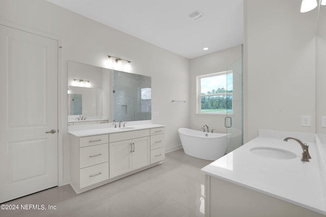 bathroom featuring vanity and plus walk in shower