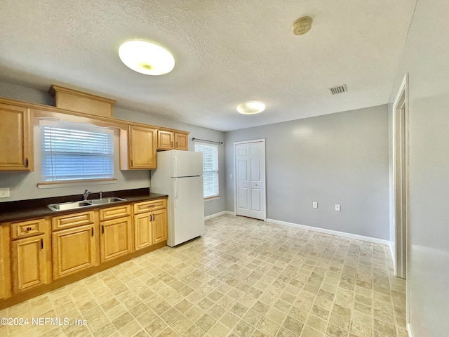 kitchen with sink, white fridge, and a textured ceiling