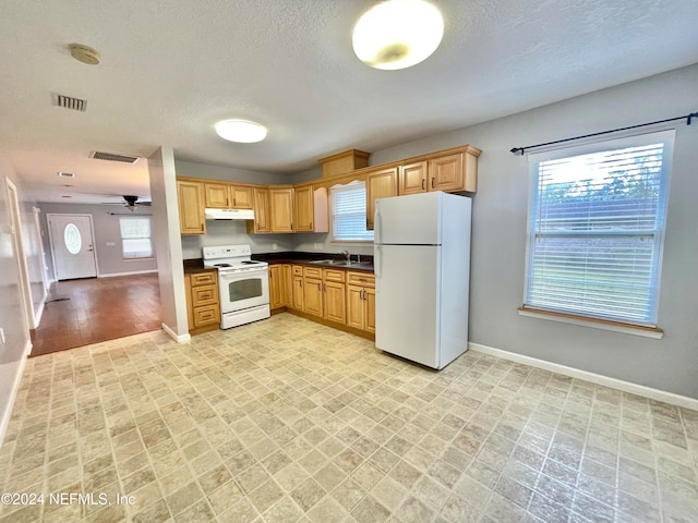 kitchen with white appliances, sink, a textured ceiling, light hardwood / wood-style floors, and ceiling fan