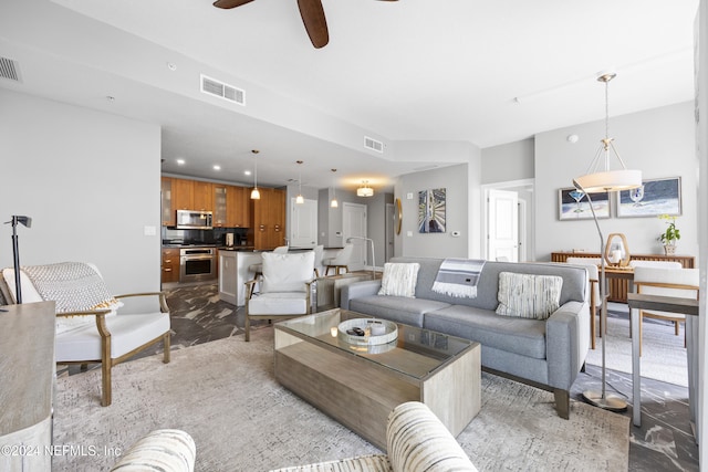 1431 Riverplace Blvd Unit 2602, Jacksonville, FL 32207 - living room featuring a ceiling fan, light marble finish flooring, and recessed lighting