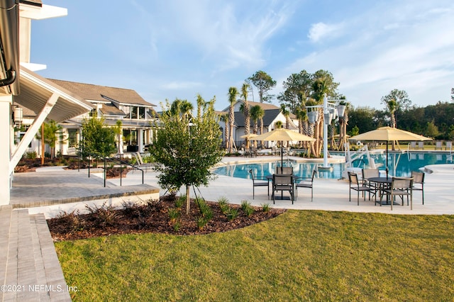 view of swimming pool featuring a lawn and a patio