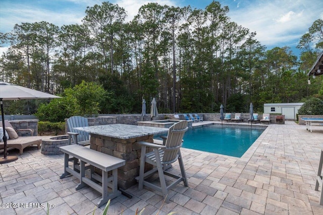 10225 Russell Sampson Rd, Saint Johns, FL 32259 - swimming pool featuring a fire pit, a patio area, an outbuilding, and view of scattered trees