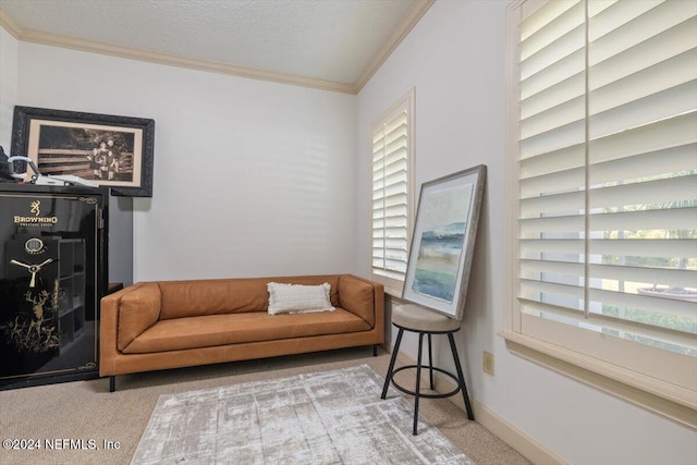 living area featuring crown molding, a textured ceiling, plenty of natural light, and light colored carpet