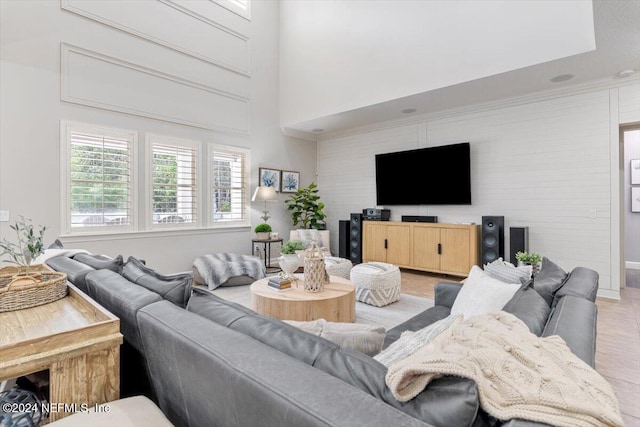 living room featuring light hardwood / wood-style flooring and a high ceiling