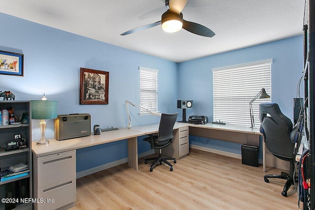 office space with a textured ceiling, light wood-type flooring, and ceiling fan