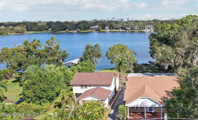 drone / aerial view featuring a water view