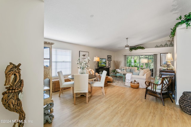 living room featuring lofted ceiling, light wood-type flooring, and ceiling fan