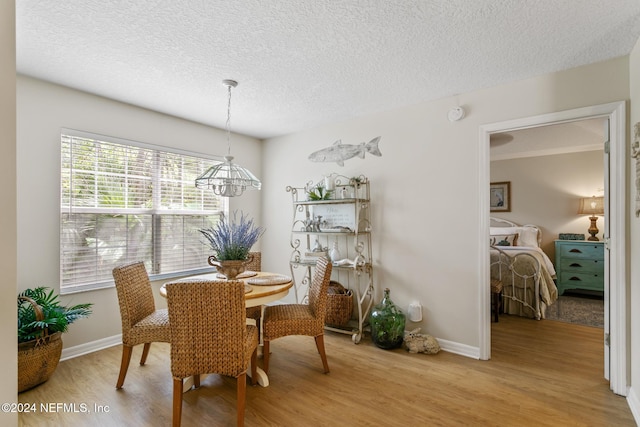 dining room with light hardwood / wood-style flooring and a textured ceiling