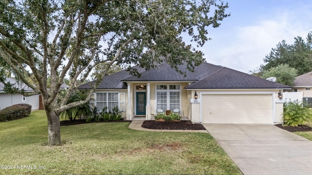 ranch-style house featuring a front lawn and a garage