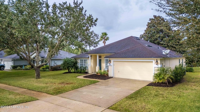 single story home with a front yard and a garage