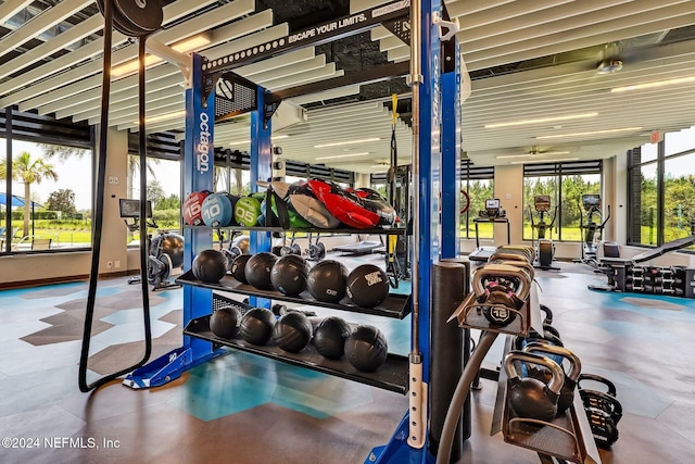 workout area featuring ceiling fan