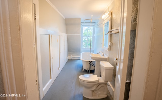 bathroom with toilet, hardwood / wood-style flooring, and crown molding