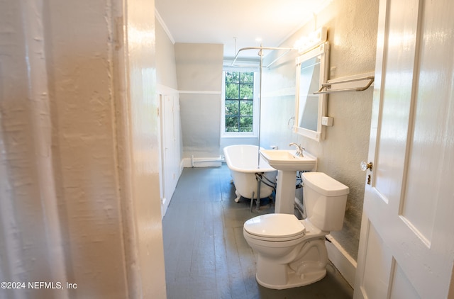 bathroom with ornamental molding, hardwood / wood-style flooring, toilet, and a shower