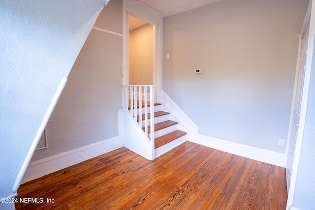 stairway with hardwood / wood-style floors