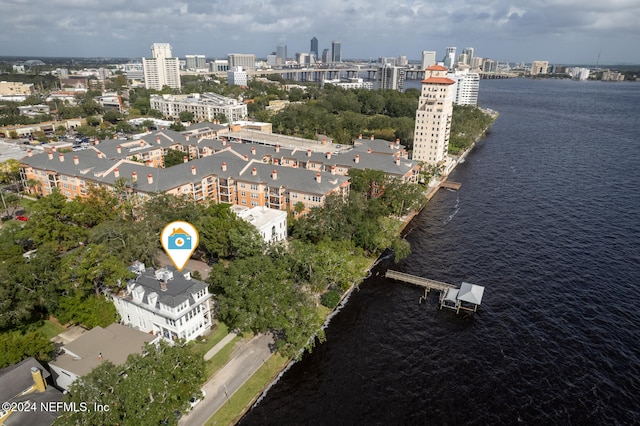 bird's eye view with a water view