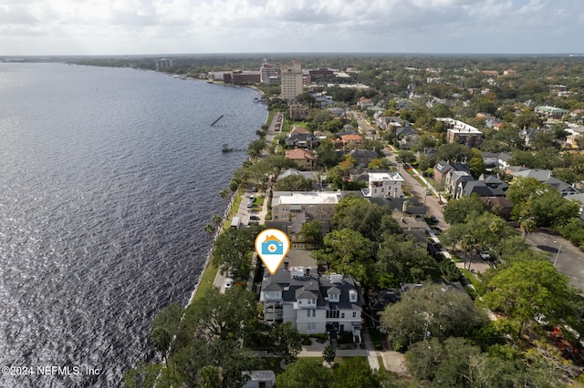 birds eye view of property featuring a water view