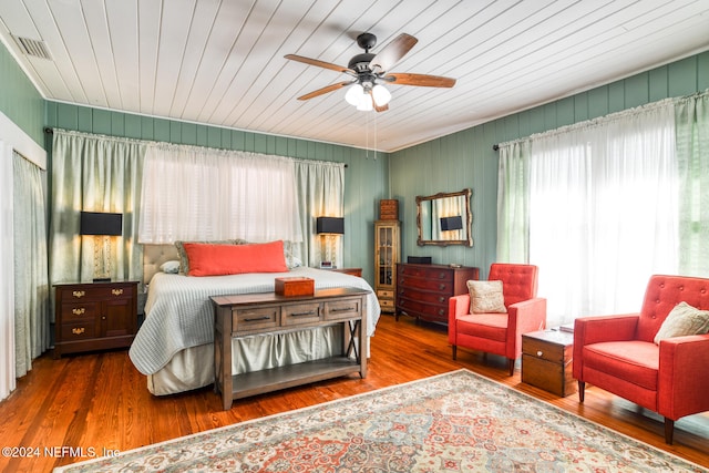 bedroom with wooden ceiling, wood-type flooring, and ceiling fan