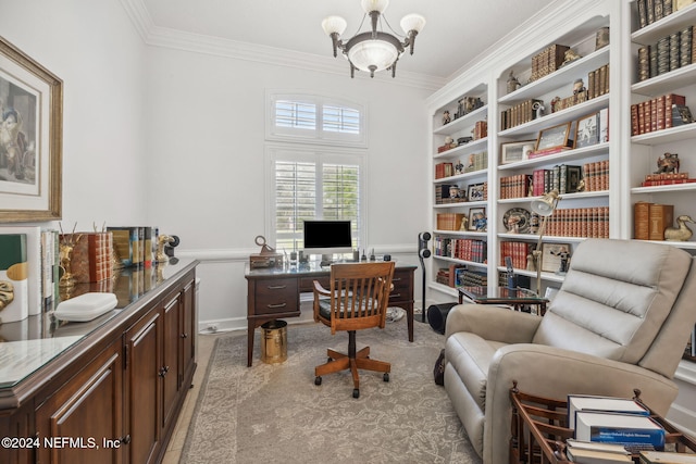 home office featuring an inviting chandelier and ornamental molding