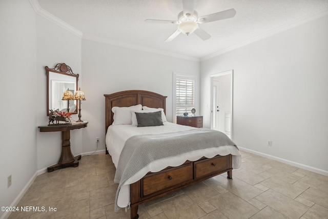 bedroom featuring ceiling fan and ornamental molding