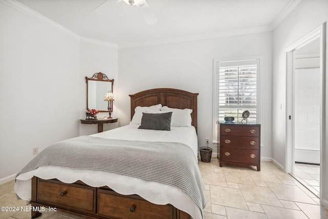 bedroom with ornamental molding, ceiling fan, and light tile patterned flooring