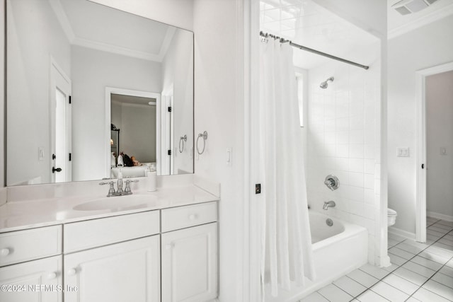 full bathroom with tile patterned flooring, shower / bath combination with curtain, vanity, crown molding, and toilet