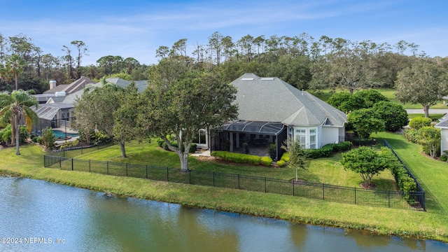 aerial view featuring a water view