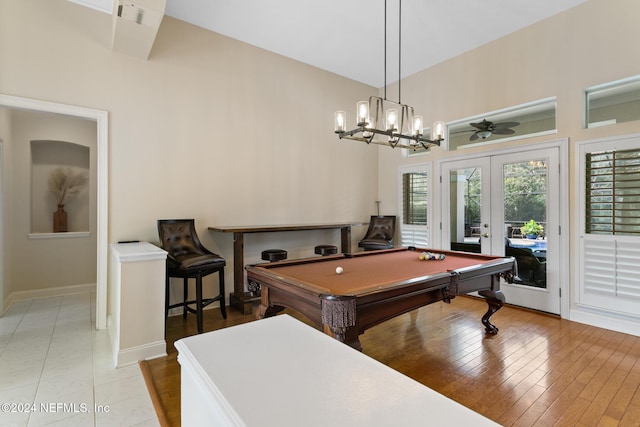 rec room featuring french doors, light hardwood / wood-style floors, ceiling fan, and pool table