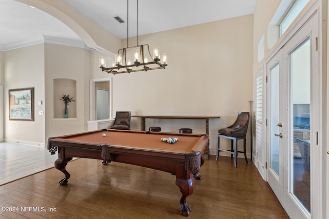 playroom with crown molding, french doors, dark hardwood / wood-style floors, and billiards