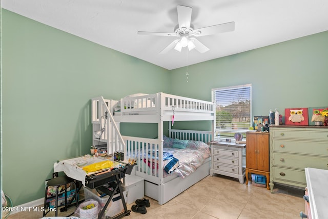 bedroom featuring ceiling fan and light tile patterned floors