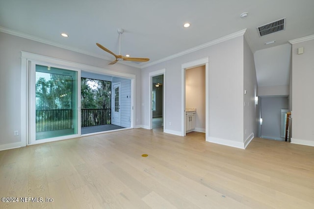 unfurnished living room with crown molding, ceiling fan, and light wood-type flooring