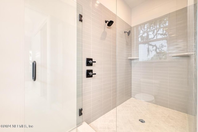 bathroom featuring a shower with door