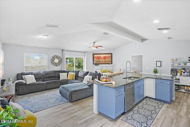 kitchen with sink, light wood-type flooring, dishwasher, blue cabinets, and ceiling fan