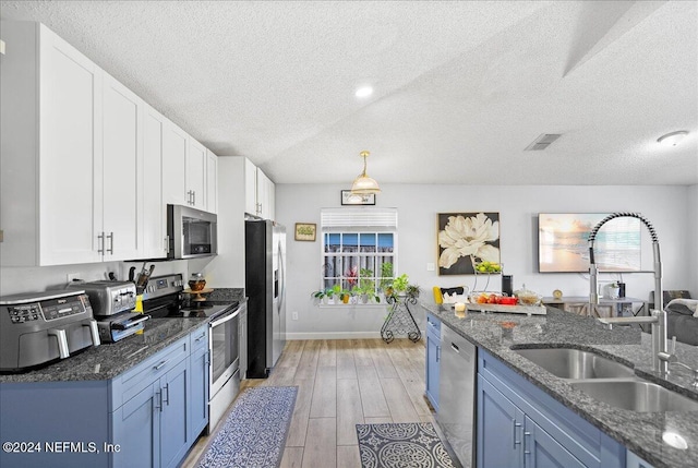 kitchen featuring appliances with stainless steel finishes, sink, a wealth of natural light, blue cabinetry, and light hardwood / wood-style flooring