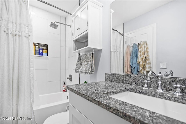 full bathroom featuring vanity, toilet, and shower / bathtub combination with curtain