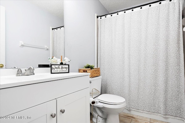 bathroom featuring vanity, a textured ceiling, and toilet