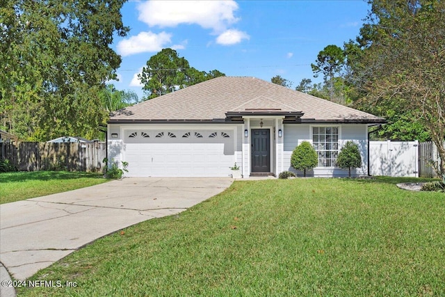 ranch-style home with a garage and a front lawn