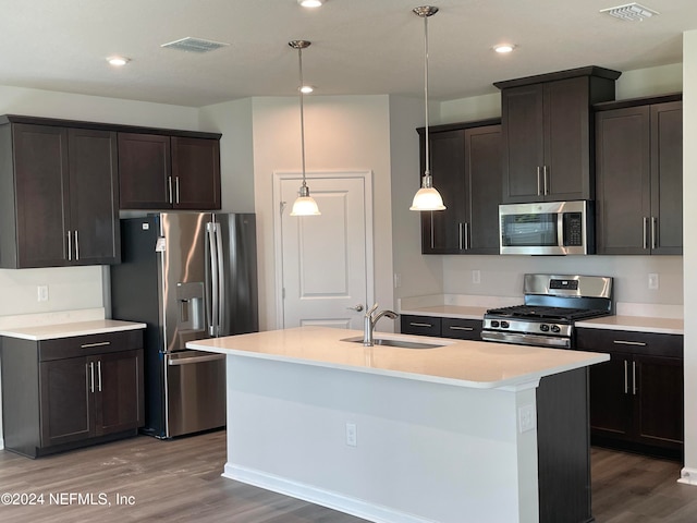 kitchen featuring hardwood / wood-style floors, pendant lighting, stainless steel appliances, and sink