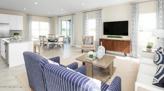 tiled living room with sink