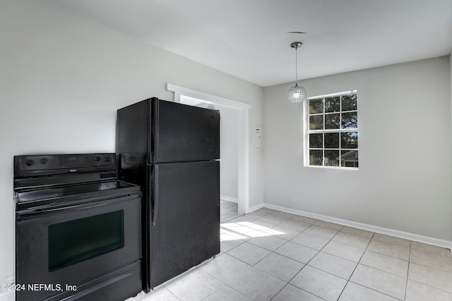 kitchen with black appliances and light tile patterned floors