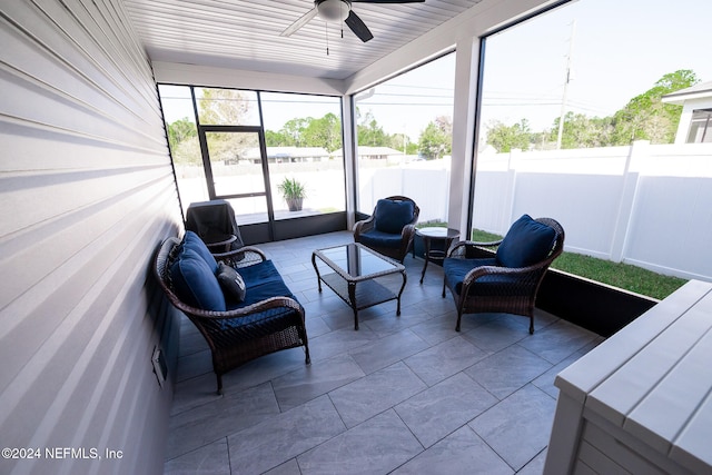 sunroom featuring ceiling fan and wood ceiling